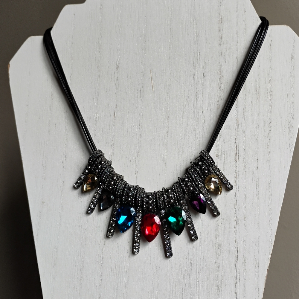 Beautiful Multi Color Gem Rhinestone Statement Necklace | Gunmetal Black